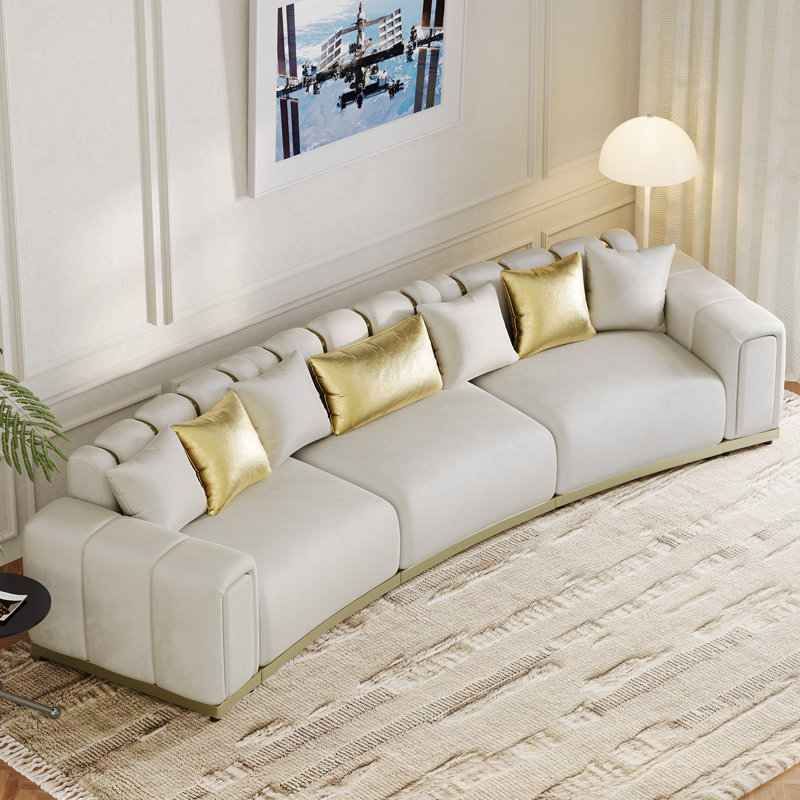 Canapé moderne avec accoudoirs carrés de 145 pouces, canapé incurvé surdimensionné avec accents dorés, Beige