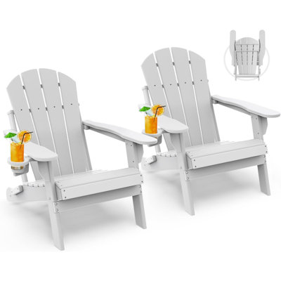 Folding-Adirondack-Chairs-Set-Of-2 | HDPE Plastic | Fire Pit Chair | All Weather | Cup Holder | For Deck Backyard Patio Outdoor Garden