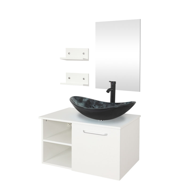 Mereworth 28" Wall-Mounted Single Bathroom Vanity Set, Black, Dark Brown/Yellow, Black