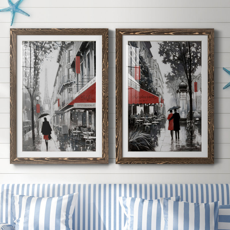 «Rainy Paris I», ensemble de 2 reproductions d'art, Blanc, H 31,5 po x l 47 po x P 1,5 po, Papier, cadre noyer