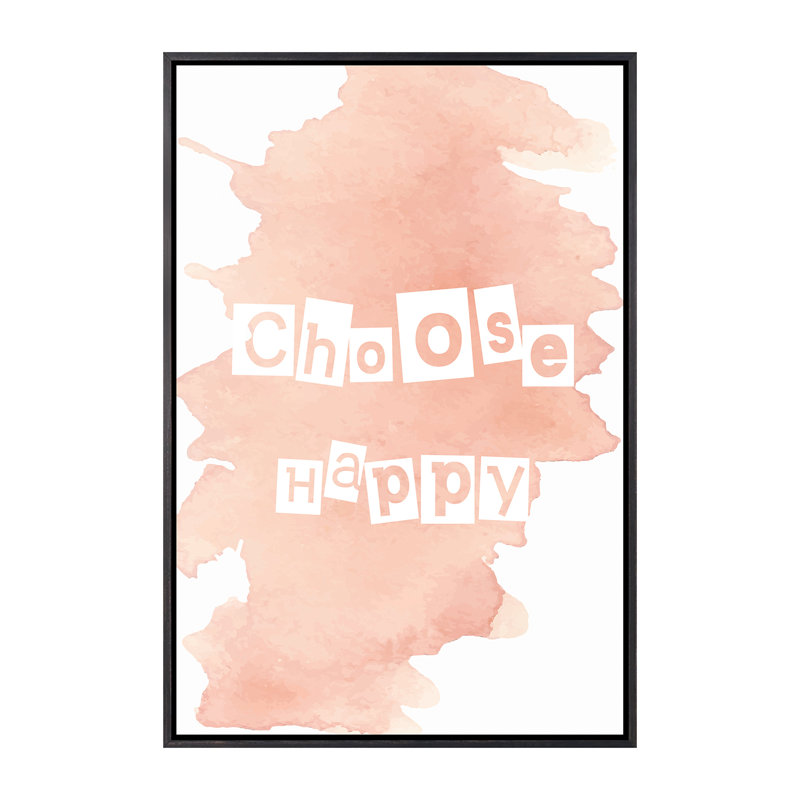 Choisir heureux - impression d'art textuel, H 26 po x l 18 po x 1,5 po, Toile avec cadre noire patinée, Pas de tapis