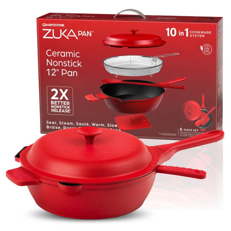 Poêle multifonctionnelle antiadhésive 12 po avec couvercle, cuillère en nylon et panier à vapeur Granitestone Zuka Everyday