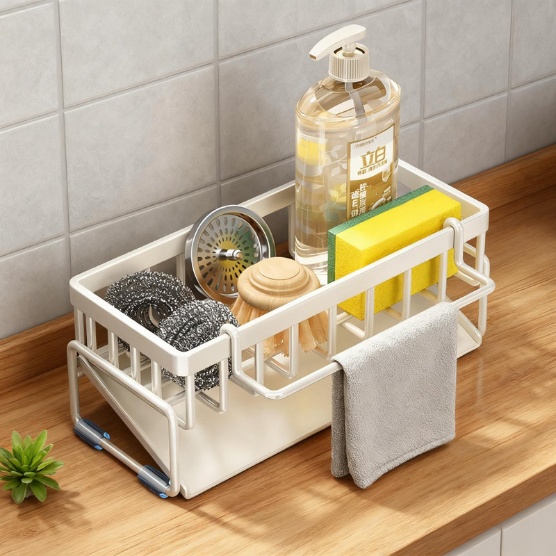 Porte-éponge de cuisine et porte-organisateur avec conception autodrainante, support de rangement antirouille pour éponges, brosses, distributeurs de savon et serviettes