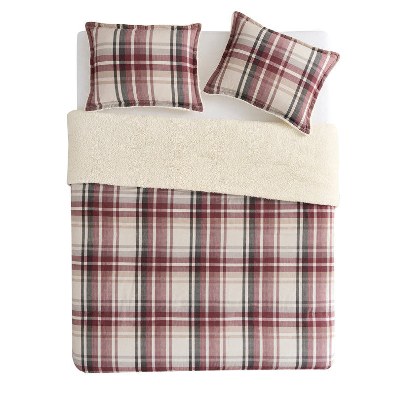 Plaid 3-Piece Brushed Cotton Flannel and Sherpa Comforter Set, Red