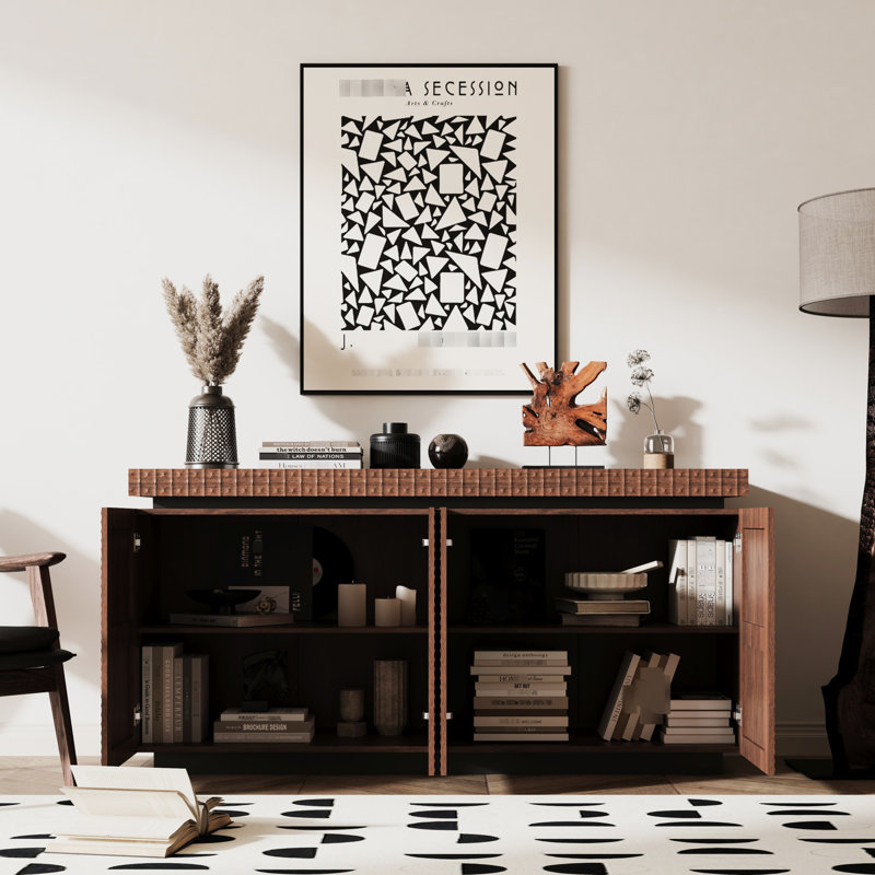 Buffet brun à 4 portes avec tablettes à plusieurs niveaux, portes pliantes et finition texturée pour le couloir du salon, rangement moderne à double usage de 58,3 po de largeur, esthétique contemporaine