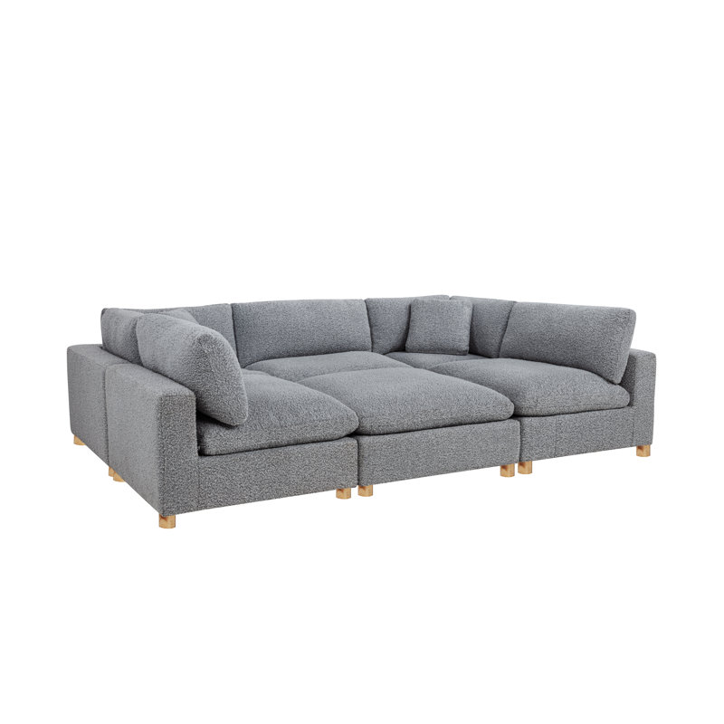 6-Piece Modular Sectional Set In Teddy Boucle Fabric, Rich Grey Teddy