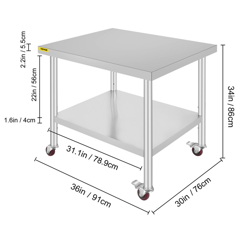 Stainless Steel Work Table 36 x 30 x 34 Inch, 700 LBS Load Capacity with 4 Wheels, 3 Adjustable Height Levels