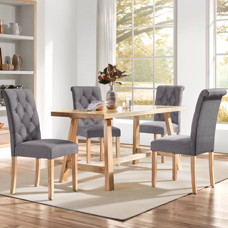 Padded Classic High Back Upholstered Dining Chairs With Solid Wood Legs, Dark Grey