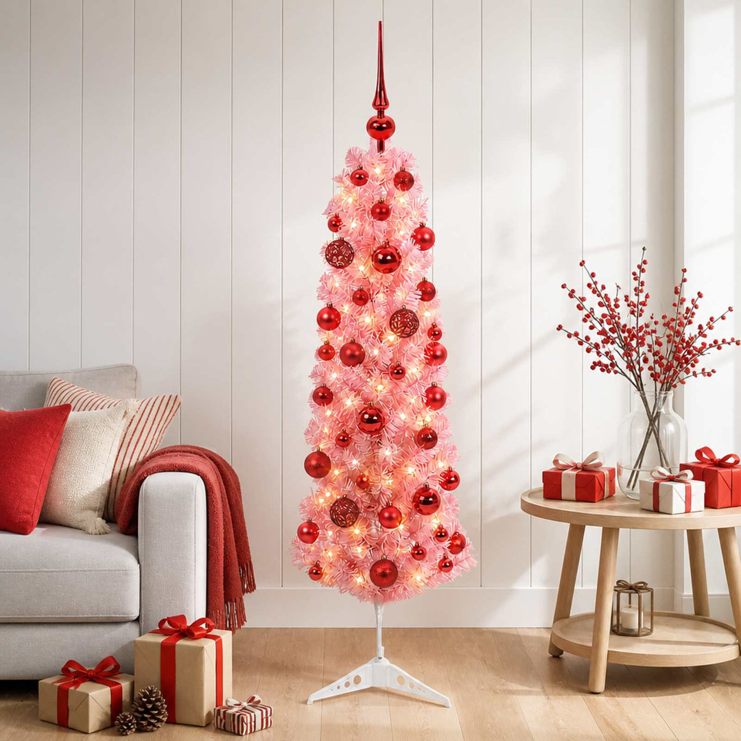 VIDAXL Slim Artificial Christmas Tree 150 cm Pink with 150 LED Lights and Baubles for Indoor and Sheltered Outdoor Festive Decor - Image 3