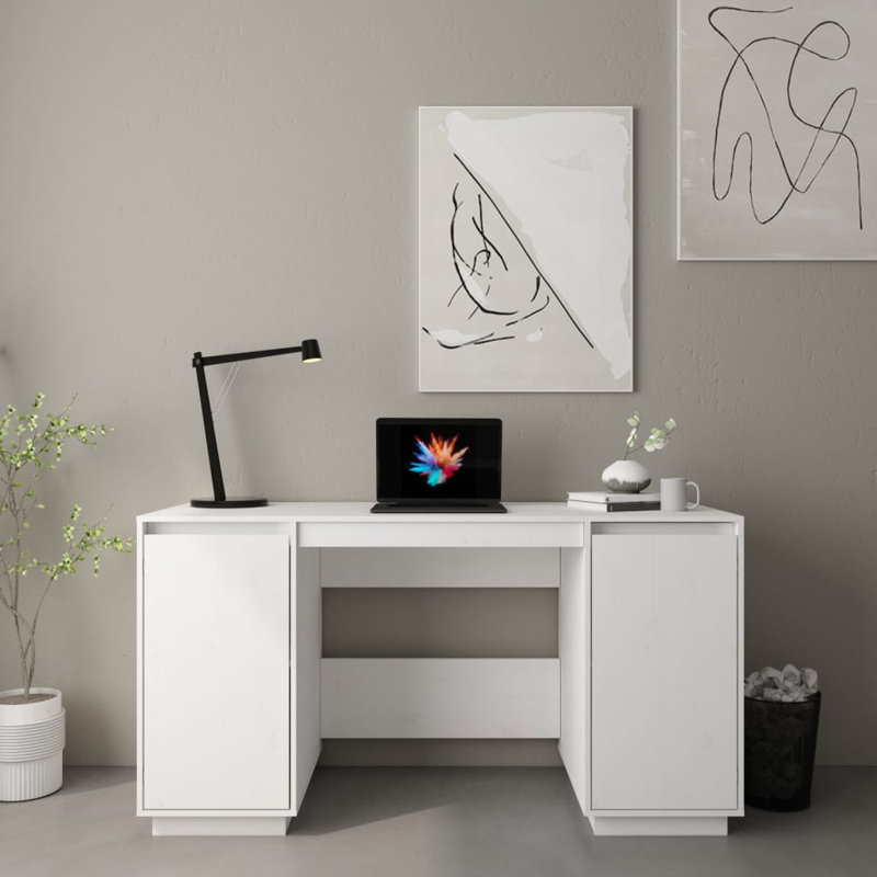 Desk Computer Desk with Storage Cabinet for Home Office Solid Wood Pine, Gray
