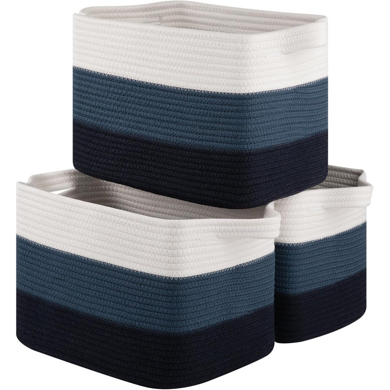 Woven Storage Baskets With Handles For Home Organization, Decorative Rectangular Organizer Bins For Shelves, Closet, Toys, Books And Nursery - Pack Of 3