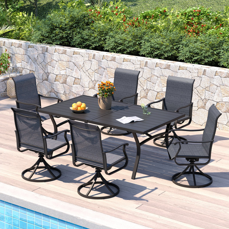 70.9"L Outdoor Dining Set with Extra Large Rectangular Dining Table and 6 PVC-coated polyester Swivel Chairs , Black Gray