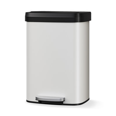 13 Gallon / 50L White Metal Kitchen Trash Can – Rustproof Step-On Pedal, Odor Control, Soft Close Lid, Large Capacity – White