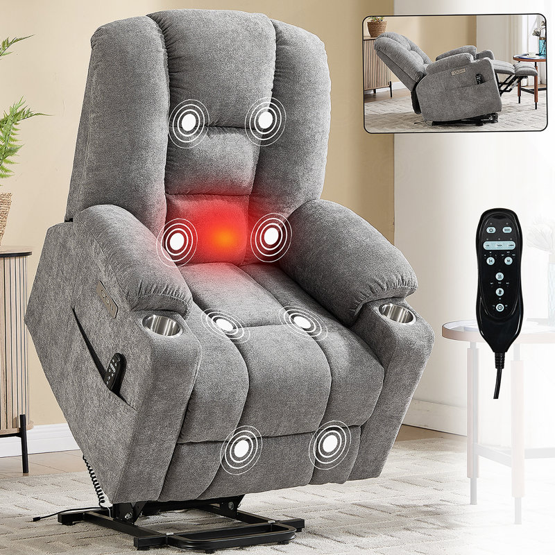 Power Lift Recliner Chair with Massage and Heat for Elderly, Overstuffed Wide Recliners, Heavy Duty Motion Mechanism with USB and Type C Ports, 2 Steel Cup Holders