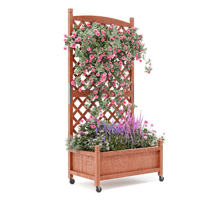 Lit de jardin surélevé en bois avec treillis et roues, boîte à fleurs 29,5 "x 13" x 61,5 "avec drainage pour herbes et fleurs