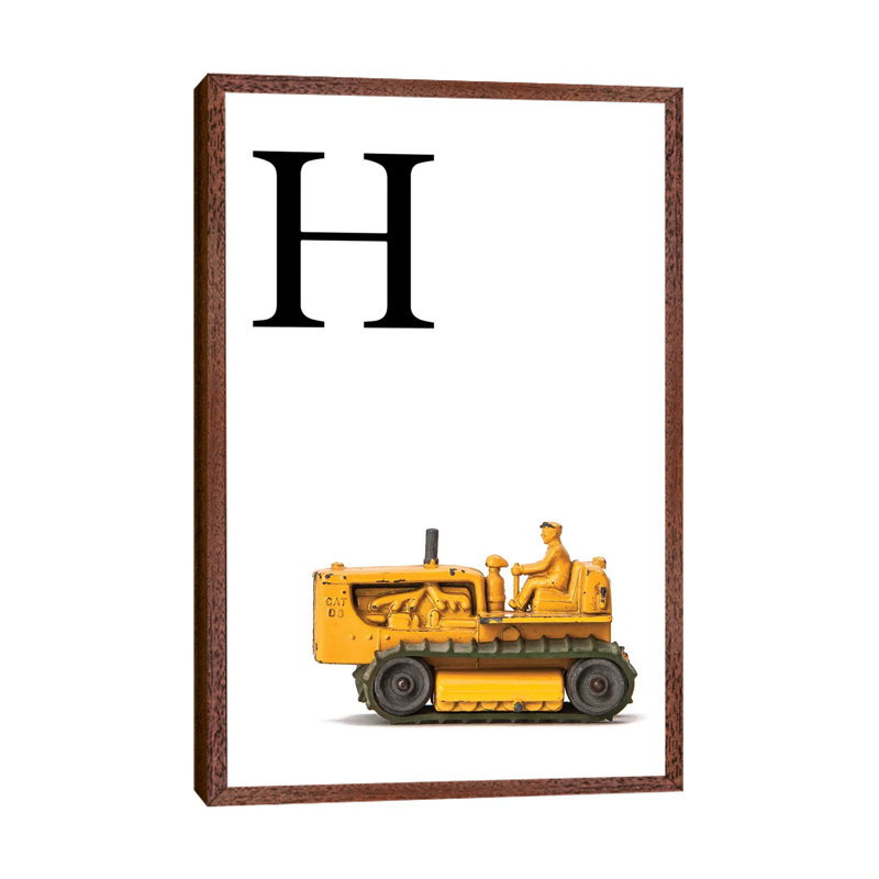 H Bulldozer Yellow White Letter - Print on Canvas, 66.04 cm H x 45.72 cm W, Classic Brown Wood Framed