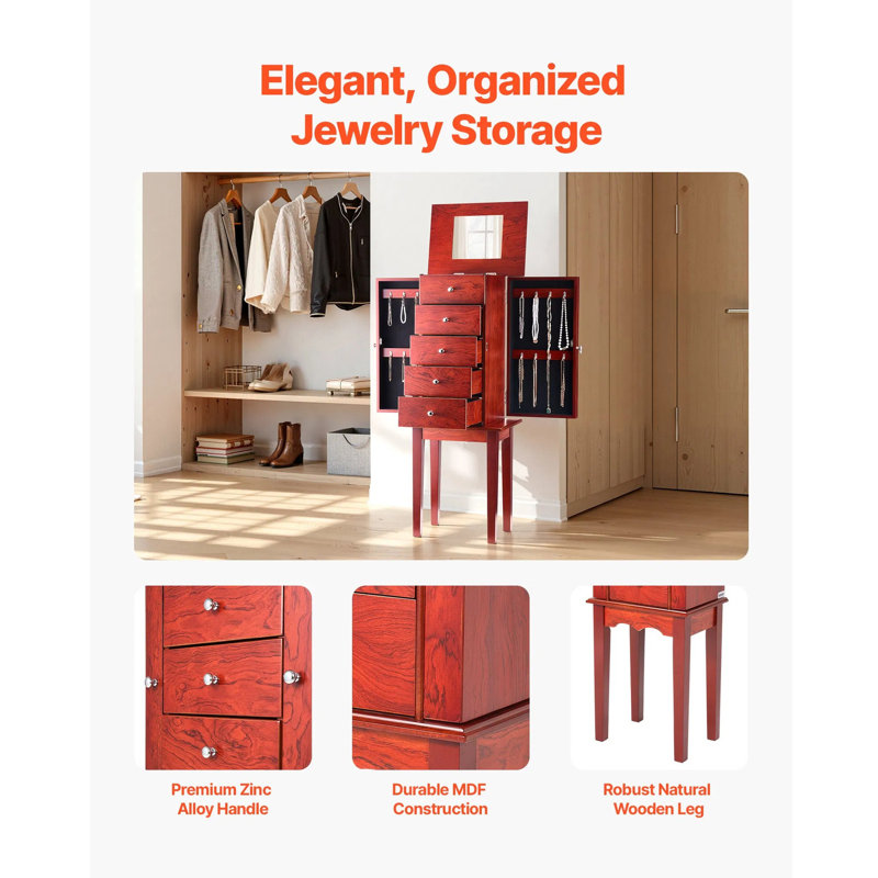 Armoire à bijoux debout en bois avec miroir rabattable, rangement pour la commode de la salle de bain