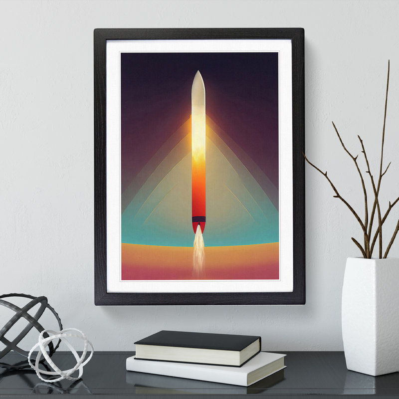 The Beaming Spaceship Rocket 1 Piece Single Picture Frame Wall Art, 46cm H x 34cm W x 2cm D, Black Framed