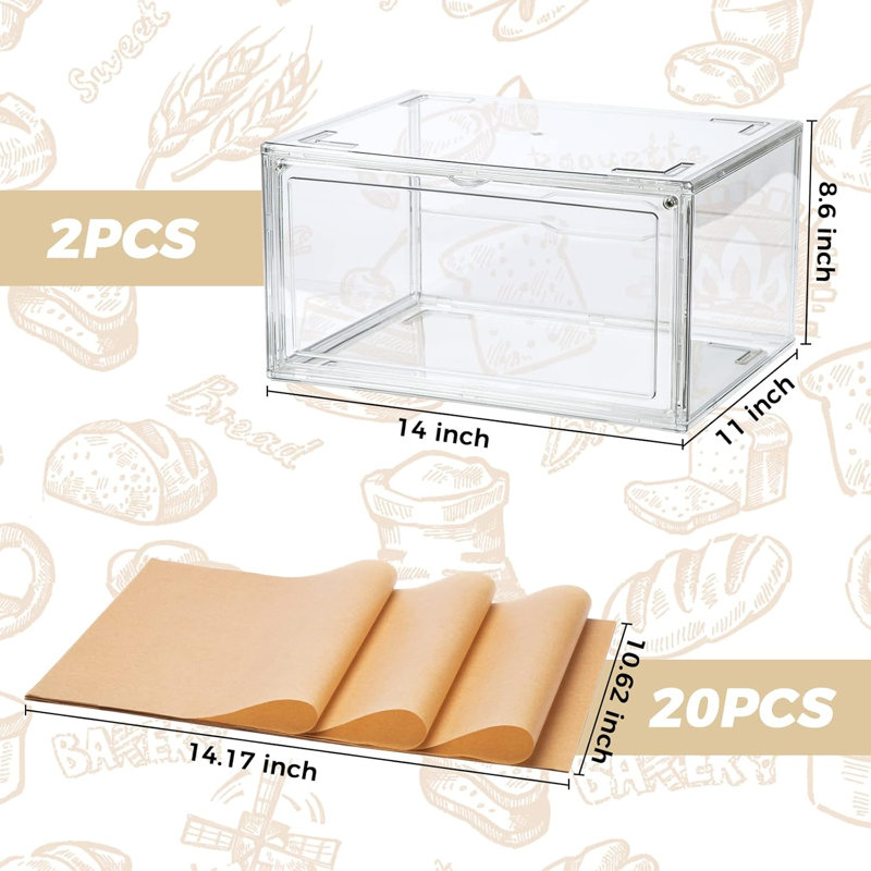 2 pièces pour grand comptoir de cuisine en forme de boîte à pain - Boîte de rangement pour pain transparent de grande capacité, 20 feuilles de bac à pain empilable à double épaisseur empilable en papier