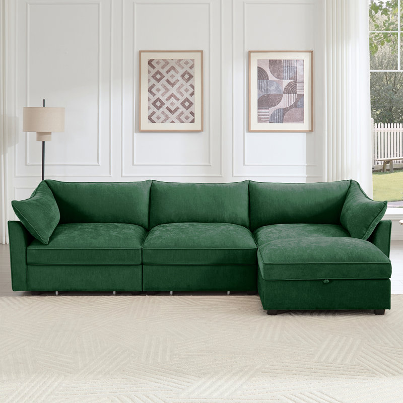 L-Shaped 3 Seater Sectional Sofa Couch,3-Seat Sofa With 1 Movable Ottoman, T, Comfortable, Wide And Deep Seat, Chenille  Green