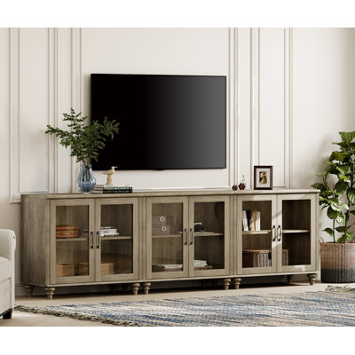 Meuble télé Scarlett Farmhouse pour téléviseur de 75 pouces avec 4 portes en verre, meuble télé universel en bois avec 4 armoires de rangement, meuble télé pour salon, chambre à coucher, gris délavé