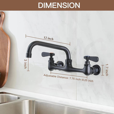 Robinet de cuisine mural Mosson noir mat avec bec de 30,5 cm et poignées à double levier