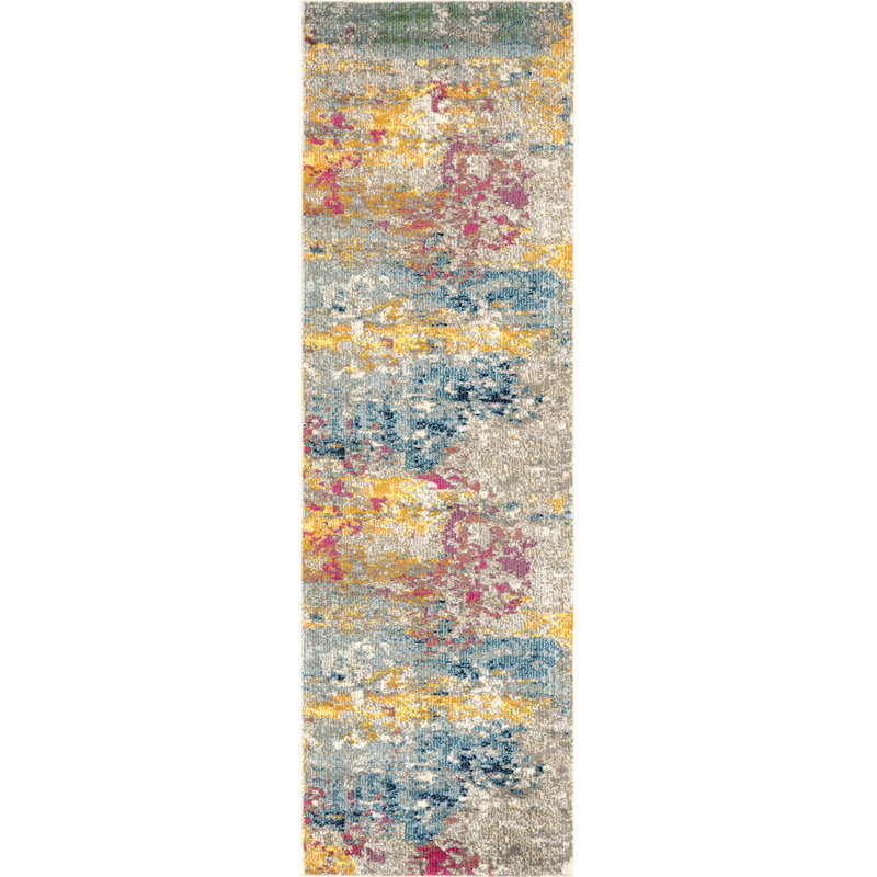 Tapis abstrait tissé à la machine Hiroko - ivoire / bleu / rose / jaune, Tapis de couloir 2 pi x 8 pi