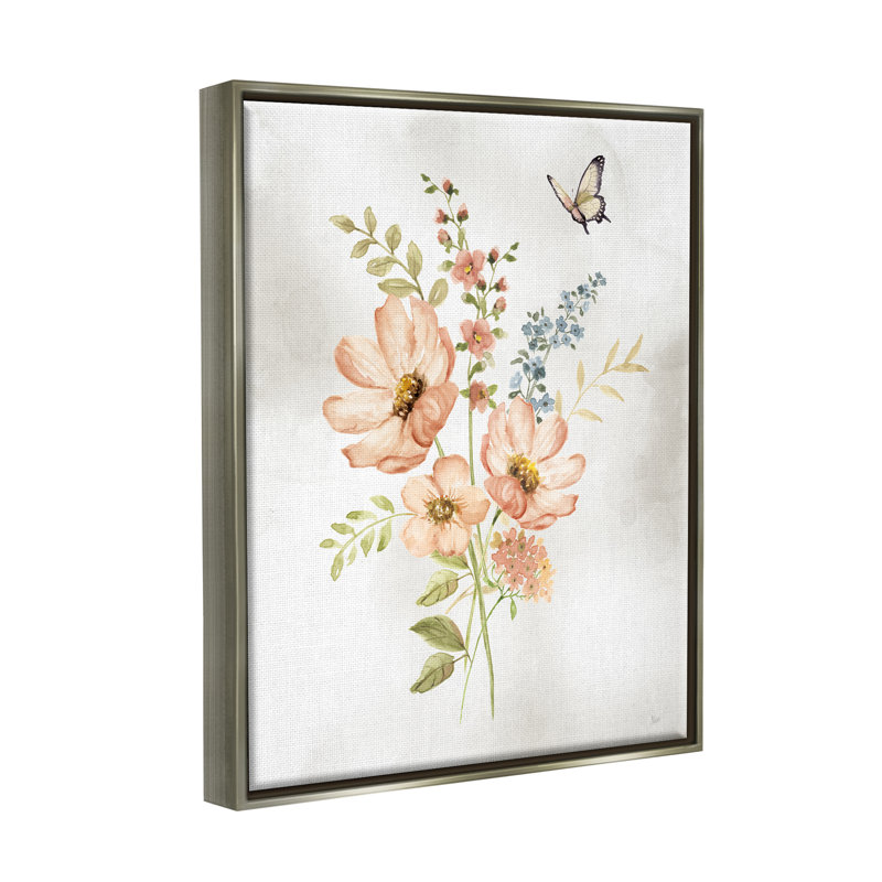 «Pink Daisies & Butterfly», reproduction encadrée sur toile par Nan, Cadre flottant gris lustré, H 31 po x l 25 po x P 1,7 po