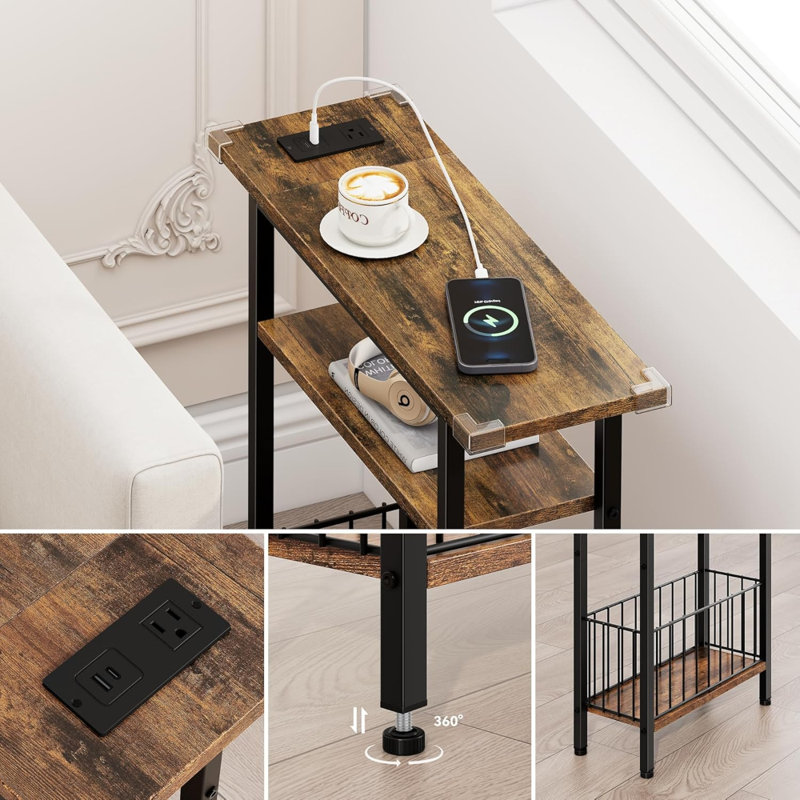 Table d'appoint étroite à 3 niveaux avec station de charge