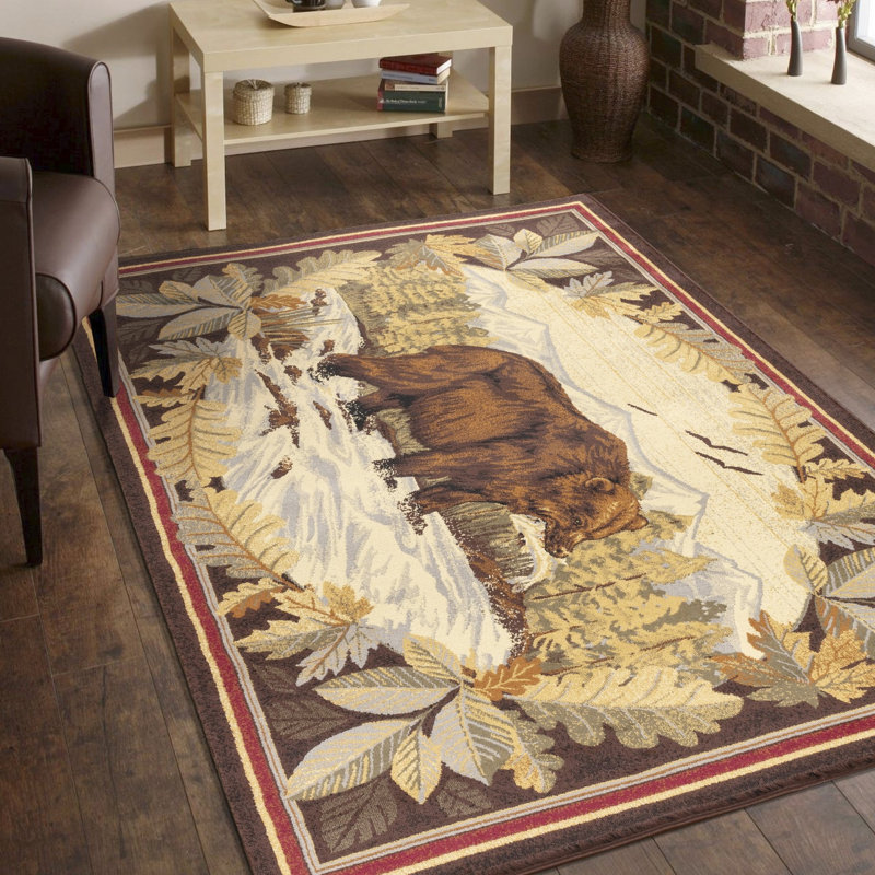 Tapis Lodge - Mimics Forest Scenery, fabriqué en polypropylène, pour une utilisation brune avec un design texturé, très fréquenté