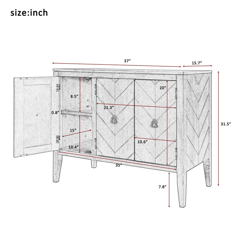 Adjustable Shelf Storage Sideboard with 3 Retro Metal Handles and 4 Pinewood Legs, for Entryway, Living Room, Study Room, Dining Room