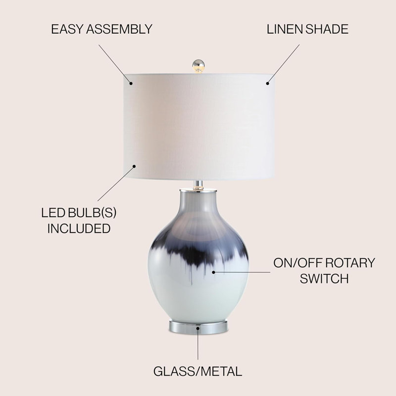 27" Glass/Metal Led Table Lamp - Transitional Bohemian Bedroom/Living Room Lamp, Blue/White