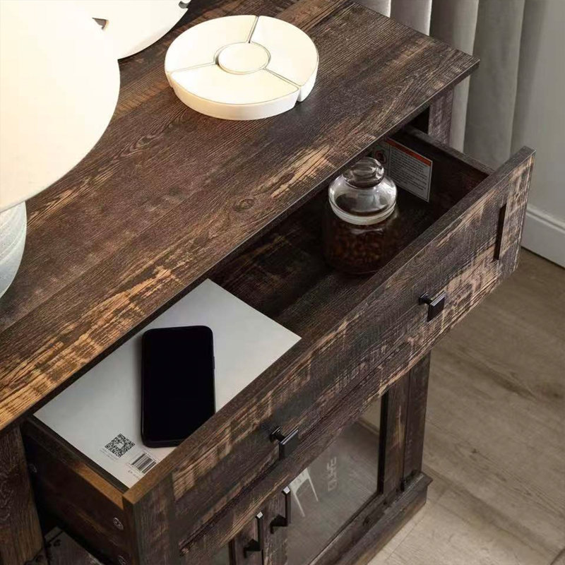 Elegant Small Buffet Cabinet with LED Lights - Space-Saving Small Sideboard with Adjustable Shelf, Glass Doors & Drawer - Modern Kitchen Storage for Coffee, Cups & Essentials