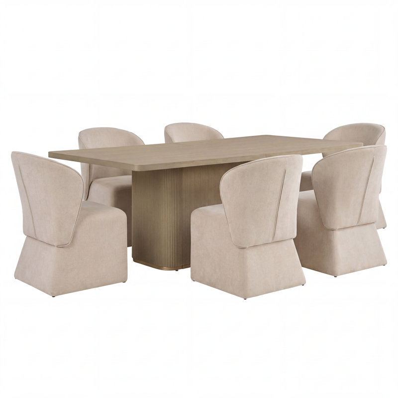 Aurelio 7-Piece Dining Table Set With Upholstered Chairs & Wood Tabletop, Beige
