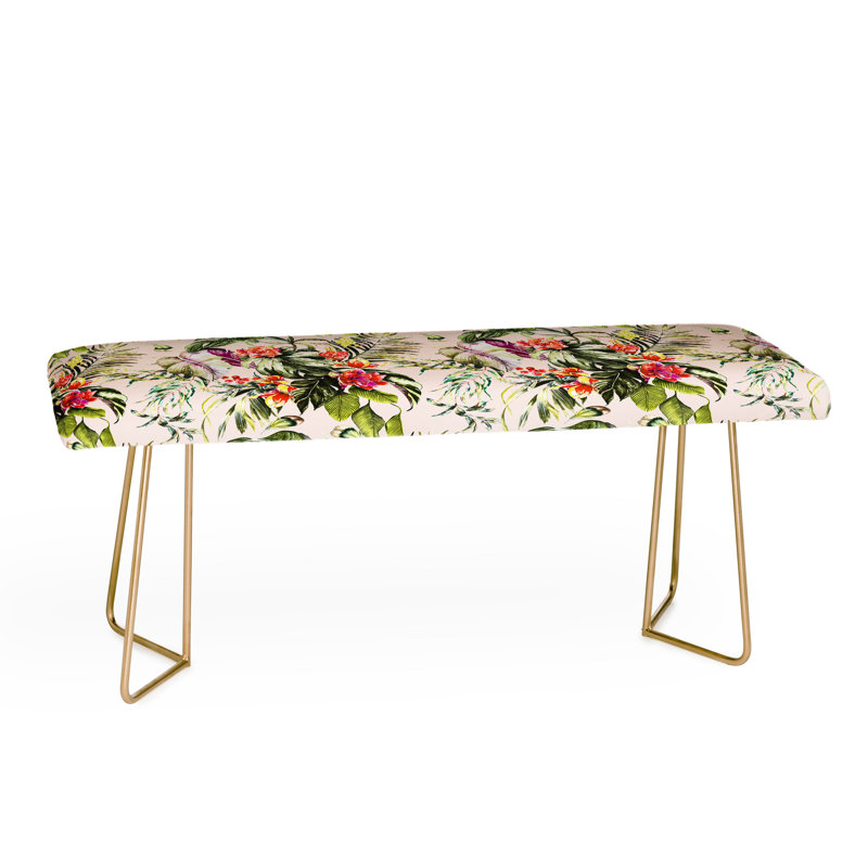 Marta Polyester Upholstered Bench, Dark Green/Pink/Light Green/Floral