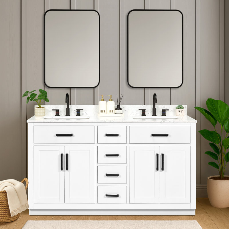 60'' Double Bathroom Vanity with Drawers, Shelf, Outlet, and Engineered Marble Top, 60'', White