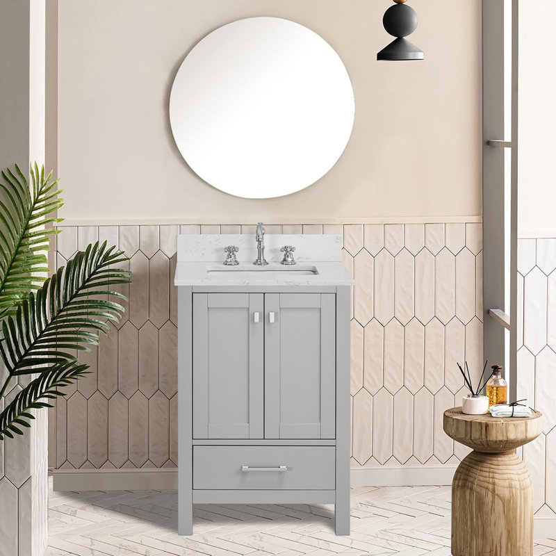 Meuble-lavabo de salle de bain, armoire de rangement en bois massif, Gris / argenté, 24"