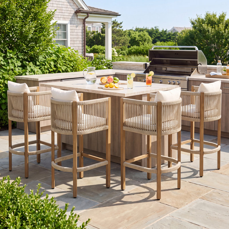 Ensemble de 2 chaises de patio et tabourets de bar en corde tissée avec accoudoirs pour l'intérieur et l'extérieur, Beige