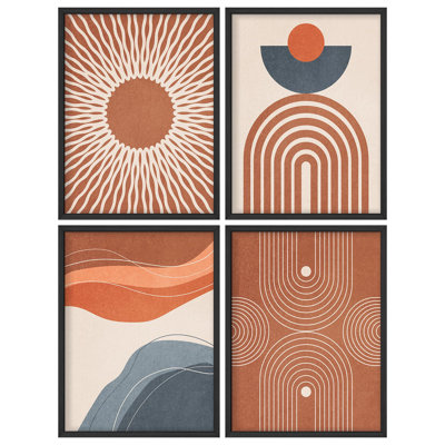 "Rétro soleil et arche, orange, bleu, tons beiges, art moderne, décoration murale minimaliste", 4 pièces