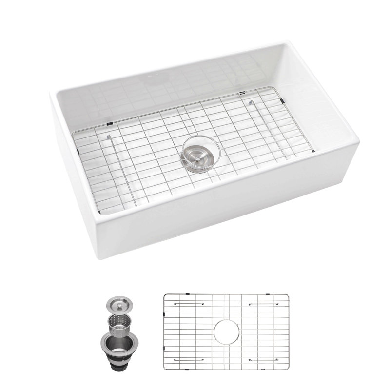 33 White Farmhouse Sink - 33 Inch Kitchen Sink White Undermount Single Bowl Apron Front Ceremic Sink Farm Style Drain Asseblemly And Bottom Grate 33X18X10 Inch