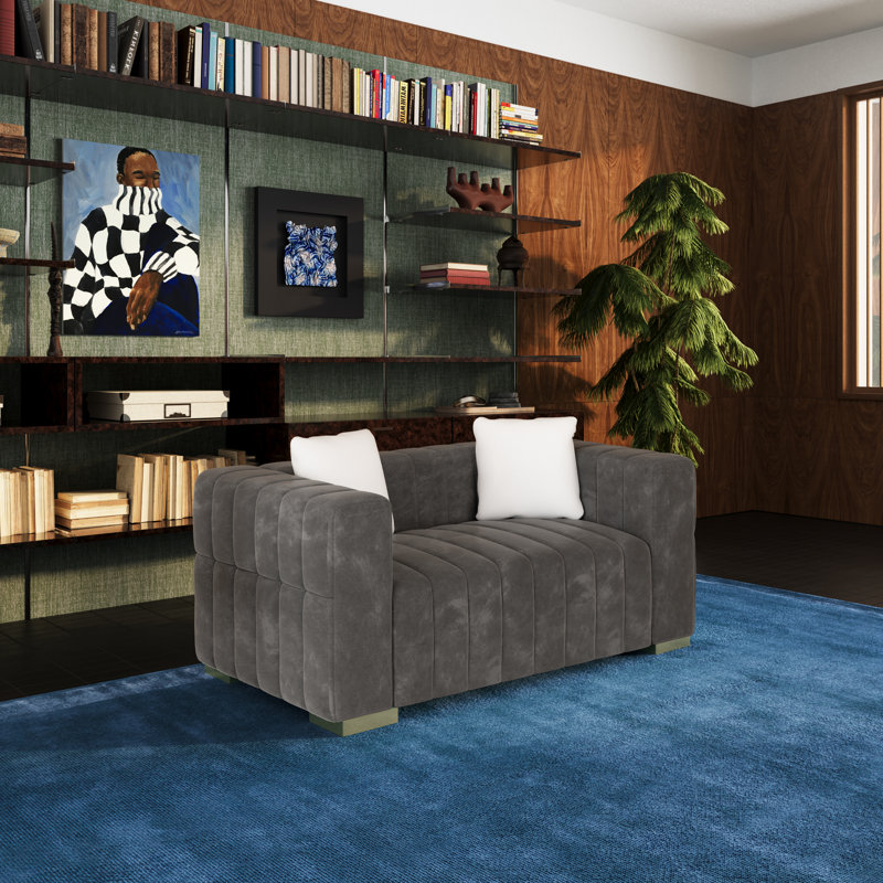 Charlesworth 59'' Velvet Loveseat with 2 Pillows, Modern Channel-Tufted Sofa with Stainless Steel Legs, Luxury Square Arm Couch for Living Room, Gray