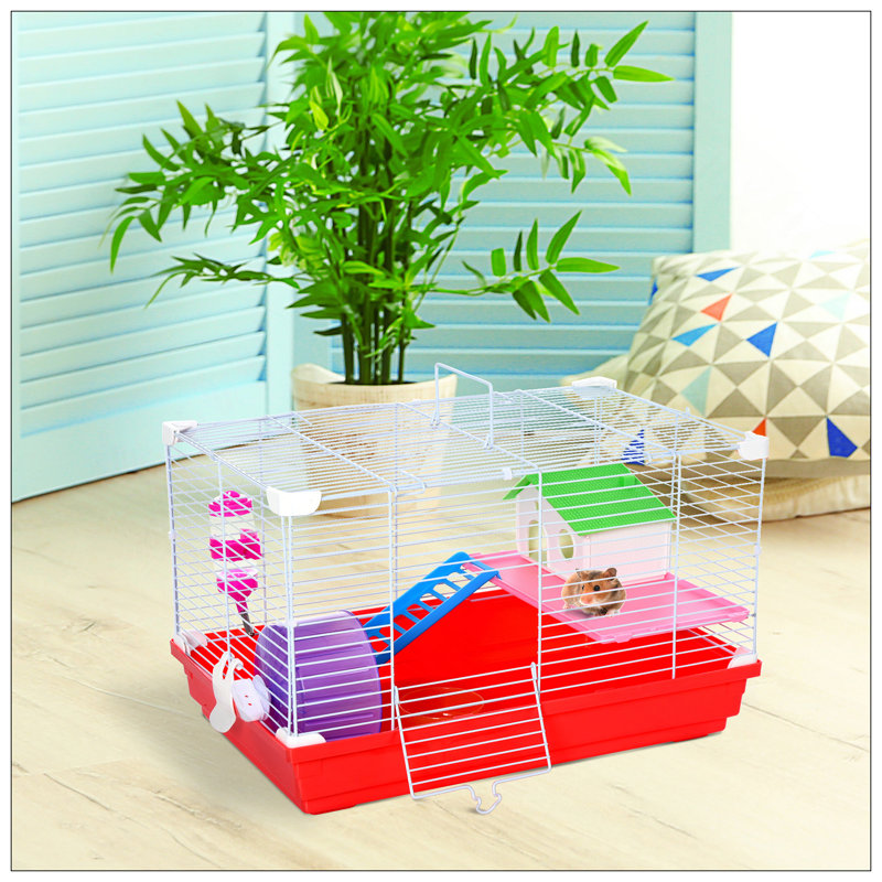 Cage à hamster 18,5 pouces à plusieurs niveaux avec roue d'exercice, bouteille d'eau, vaisselle et maison confortable pour petits animaux de compagnie