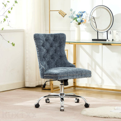 Light Blue Office Chair, Modern Chenille Upholstered Tufted Button Home Office Chair, With Chrome Metal Base, Adjustable Desk Chair Swivel Office Chair