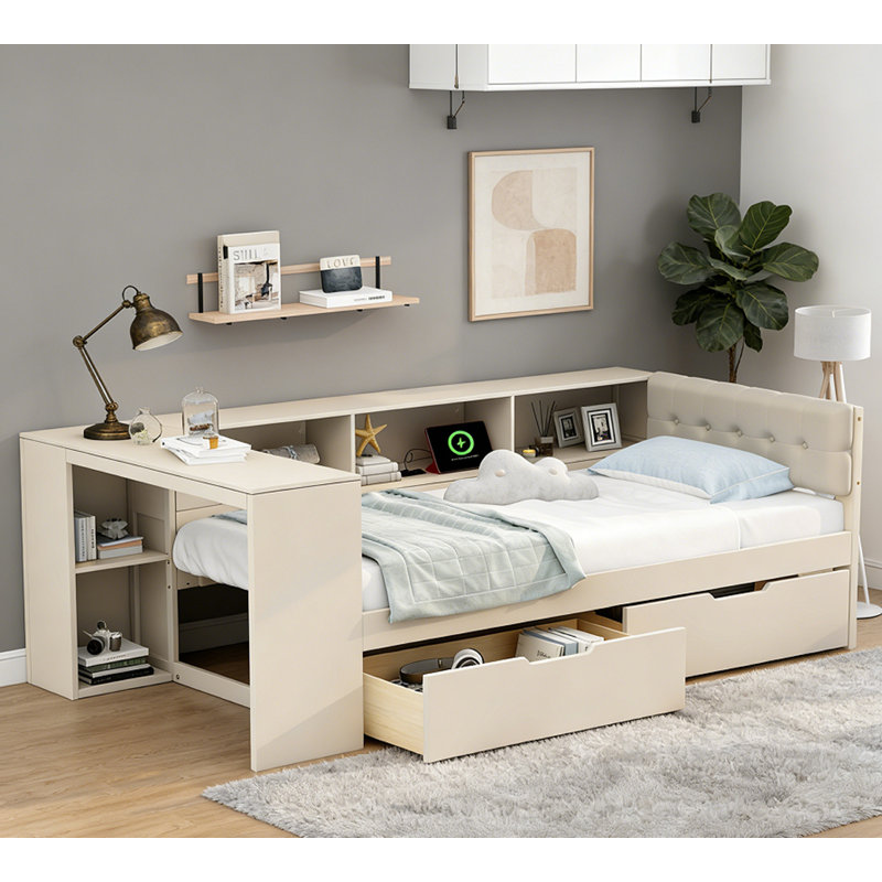 Lit plateforme en bois avec tablettes de rangement et tiroirs, Lit simple, Crème