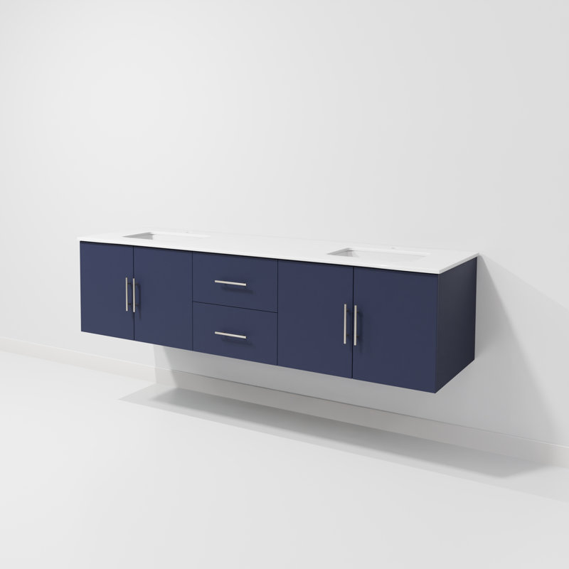 Geneva 72" Wall-Mounted Double Bathroom Vanity Set, Navy Blue, White Quartz