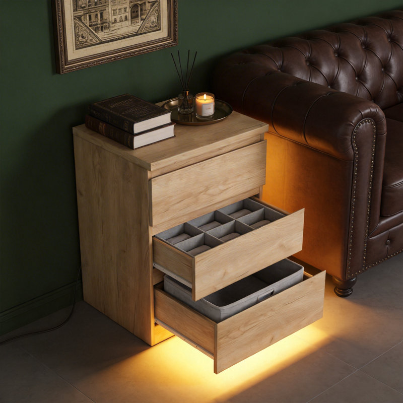 Table de chevet moderne à 3 tiroirs sans poignée avec mécanisme d'ouverture par pression, table de chevet en bois naturel de 19,7 po avec plateau épaissi et glissières en métal silencieuses, armoire de rangement compacte pour la chambre à coucher