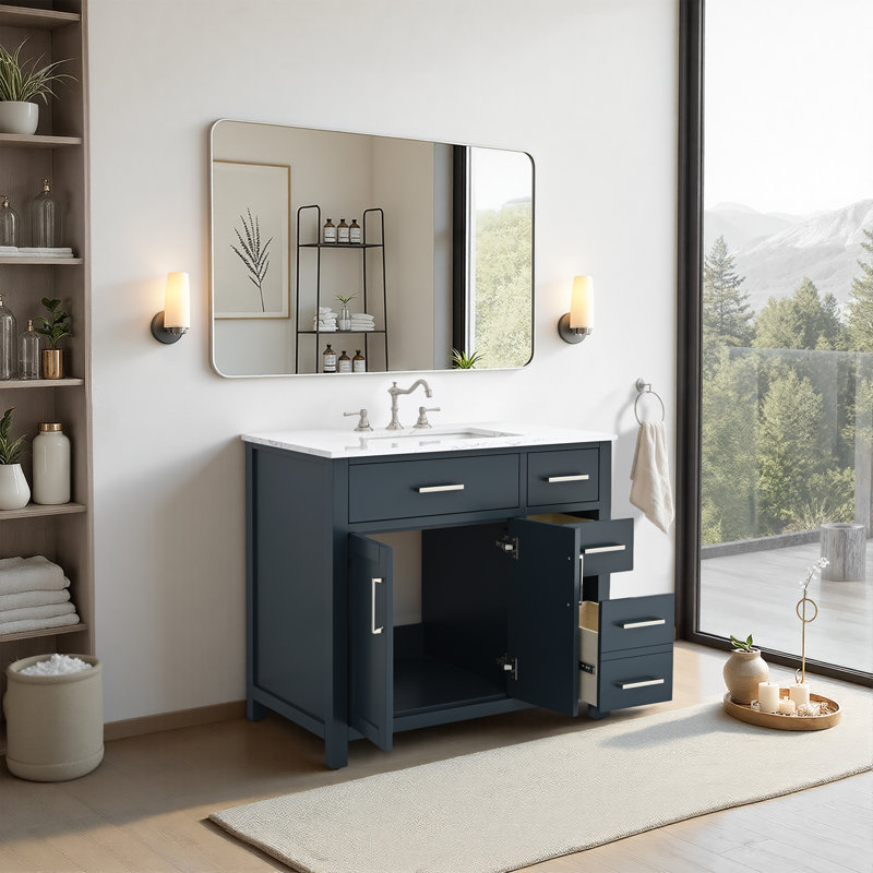 Ensemble de meuble-lavabo simple 36 po avec plateau en marbre Shamar, Bleu rétro / nickel poli