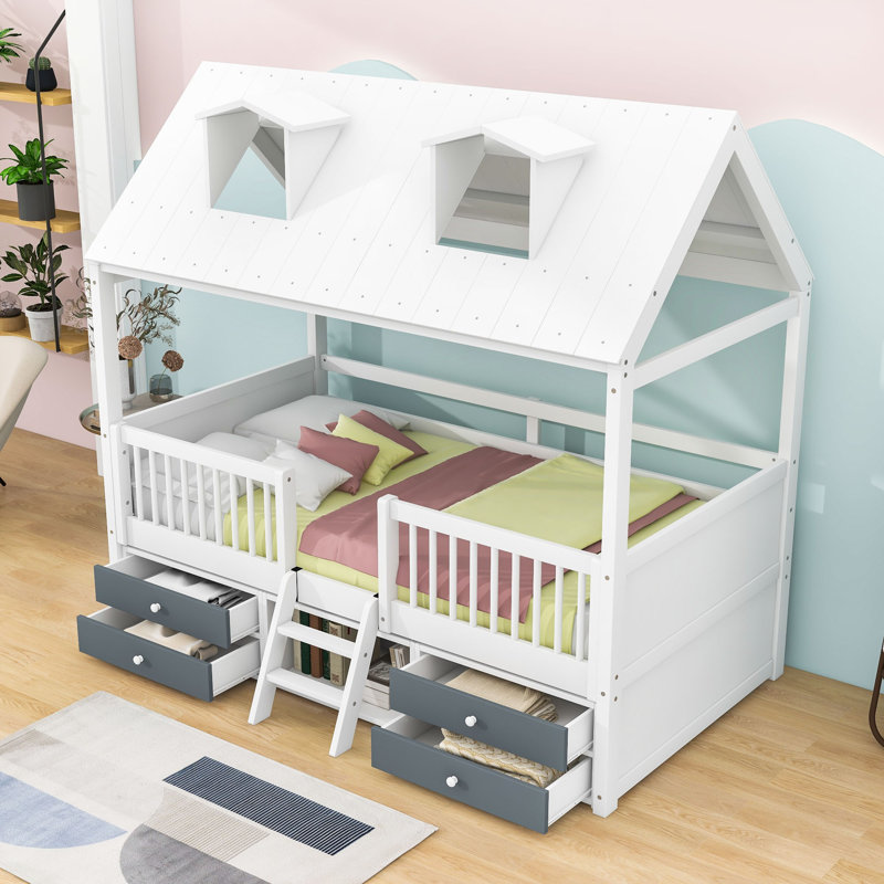 Enchanting Wooden House Bed With Skylights And Ladder, Twin, White