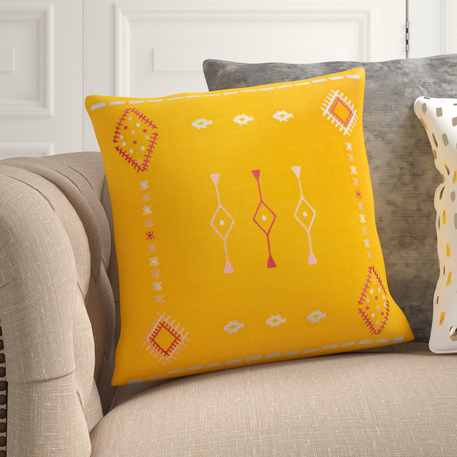 Decatur Embroidered Cotton Throw Pillow, Mustard/Dusty Pink/Pale Blue, 18" x 18", Down