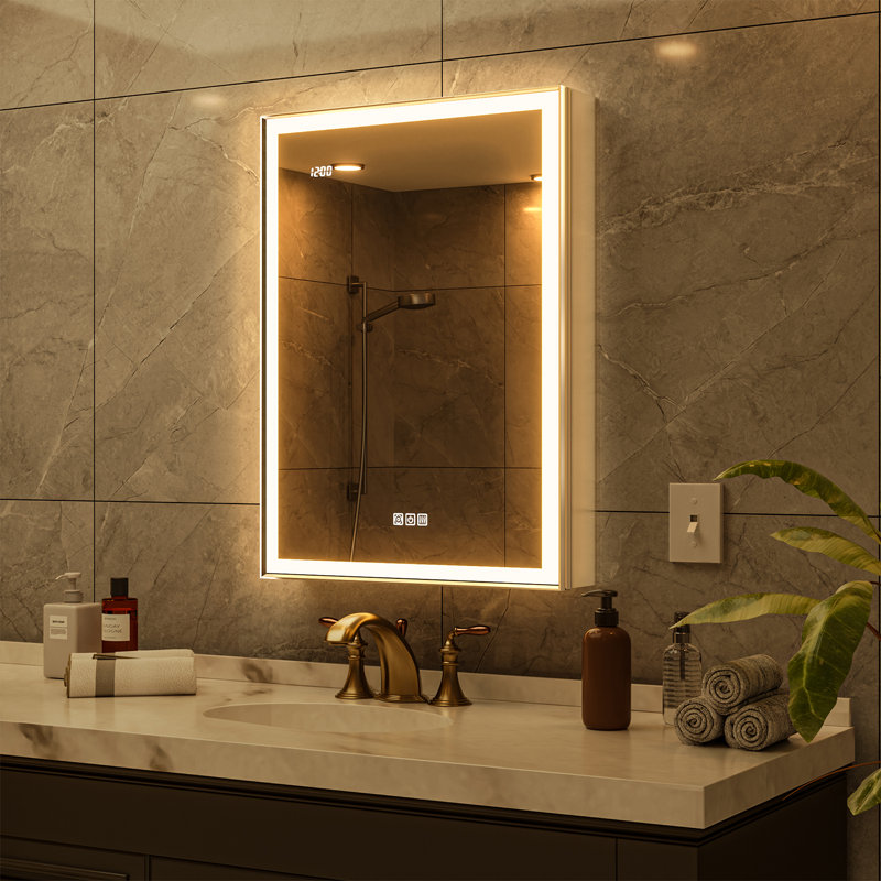 Svenn Recessed Lighted Medicine Cabinet With Mirror, 3 Adjustable Shelves, Beveled Design, Defogger, Outlets & Usbs